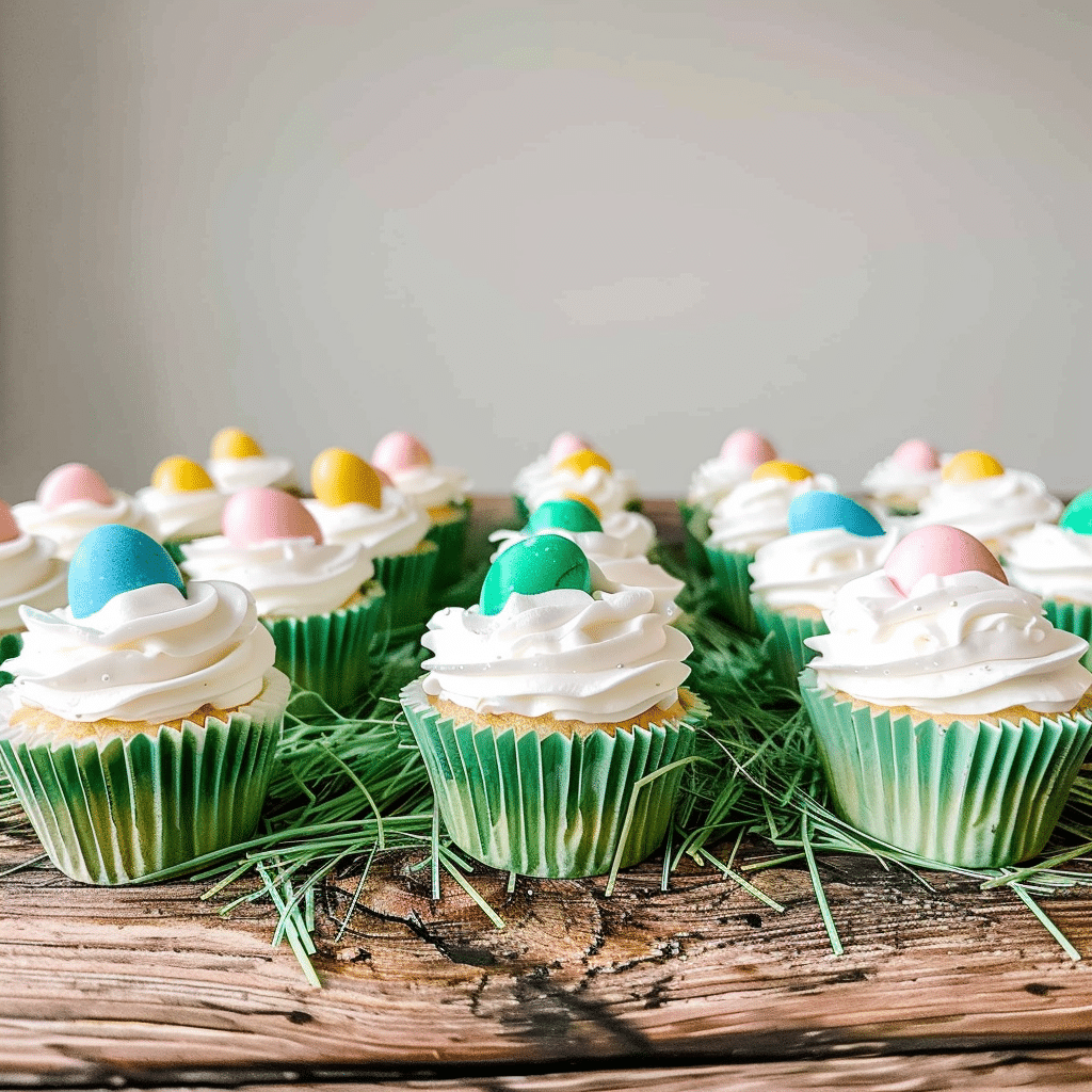 Easter cupcakes arranged on rustic wooden board with green wrappers and mini eggs