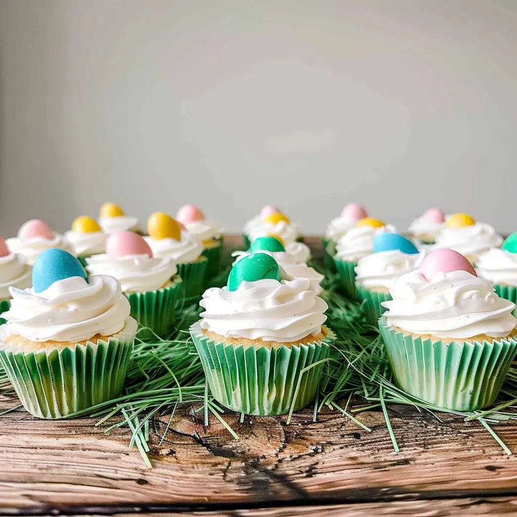 Easter Cupcakes With Mini Eggs 14 Easter cupcakes arranged on rustic wooden board with green wrappers and mini eggs