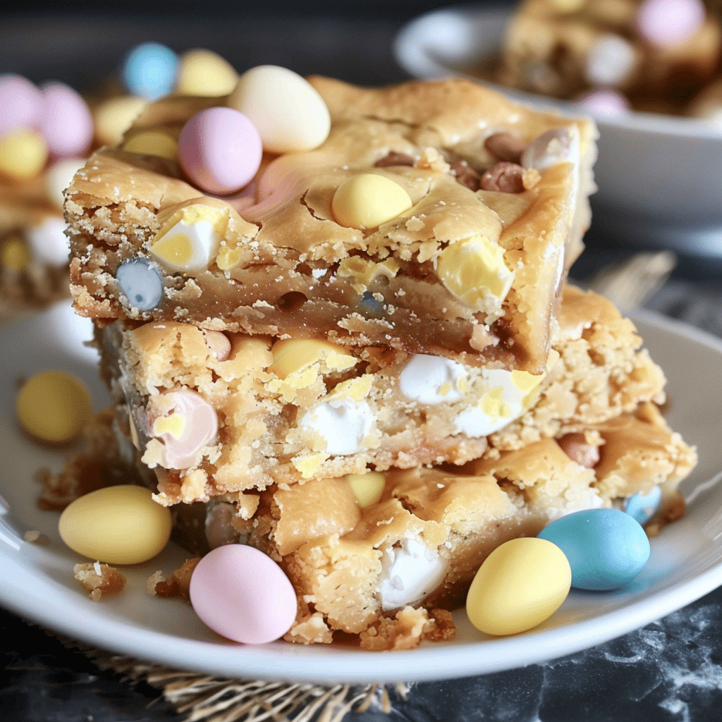 Stacked Cadbury Mini Egg Blondie Recipe on a plate, surrounded by pastel chocolate eggs