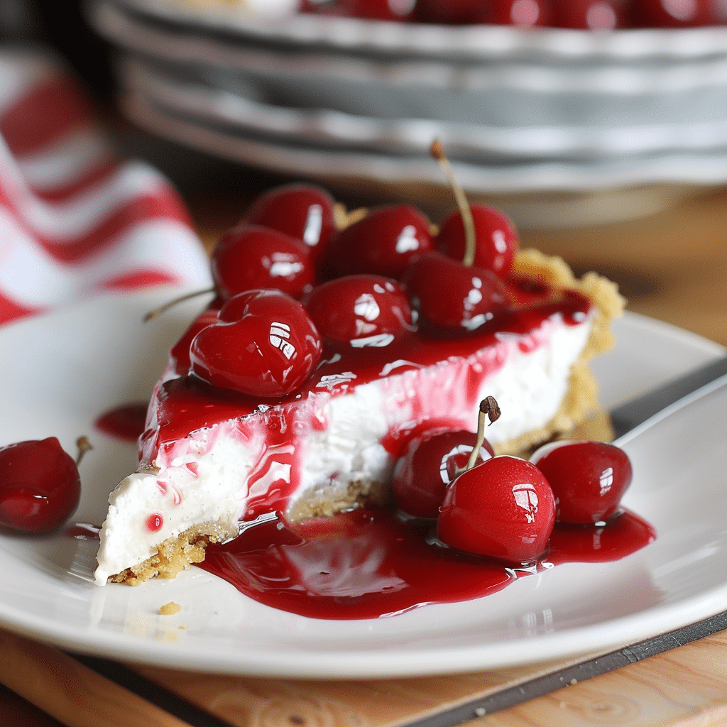 cherry cheesecake recipe no bake slice with fork and cherries