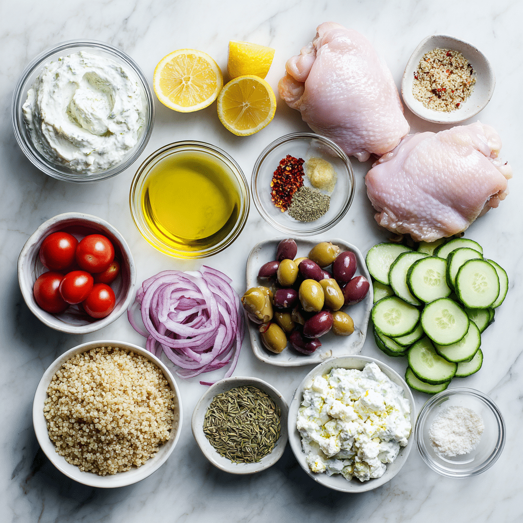 Ingredients for chicken tzatziki bowls including chicken, yogurt, spices, cucumber, tomatoes, and quinoa
