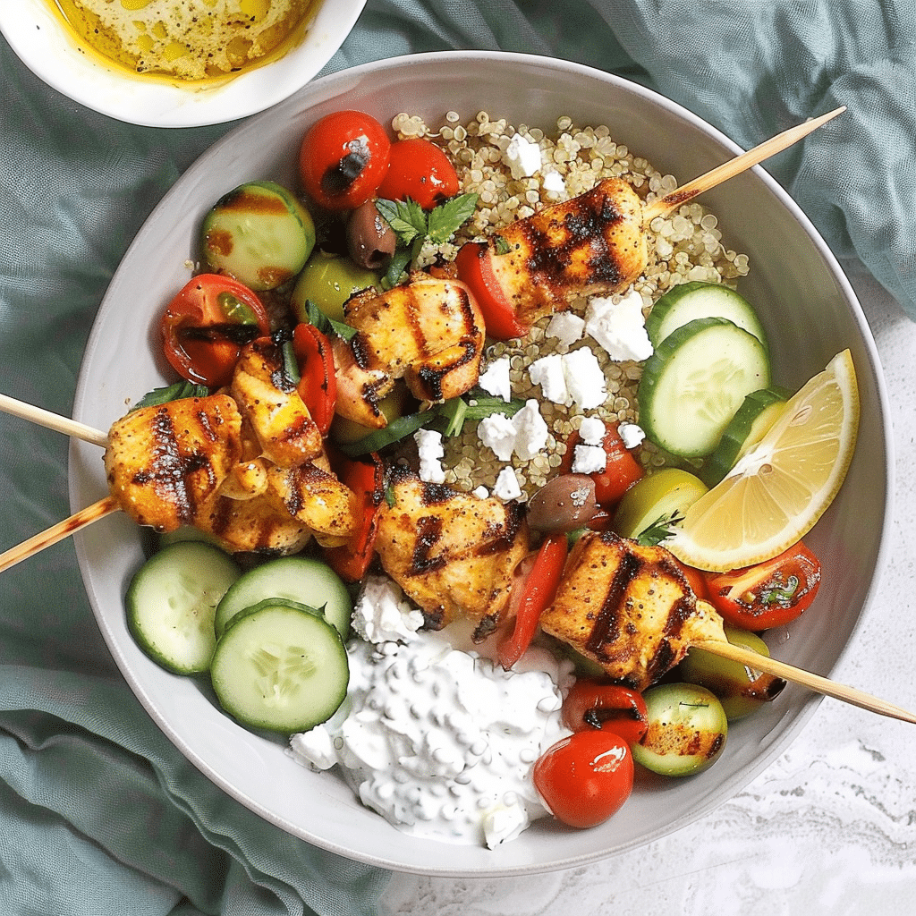 Chicken tzatziki bowl topped with feta, tomatoes, cucumber, and grilled chicken skewers