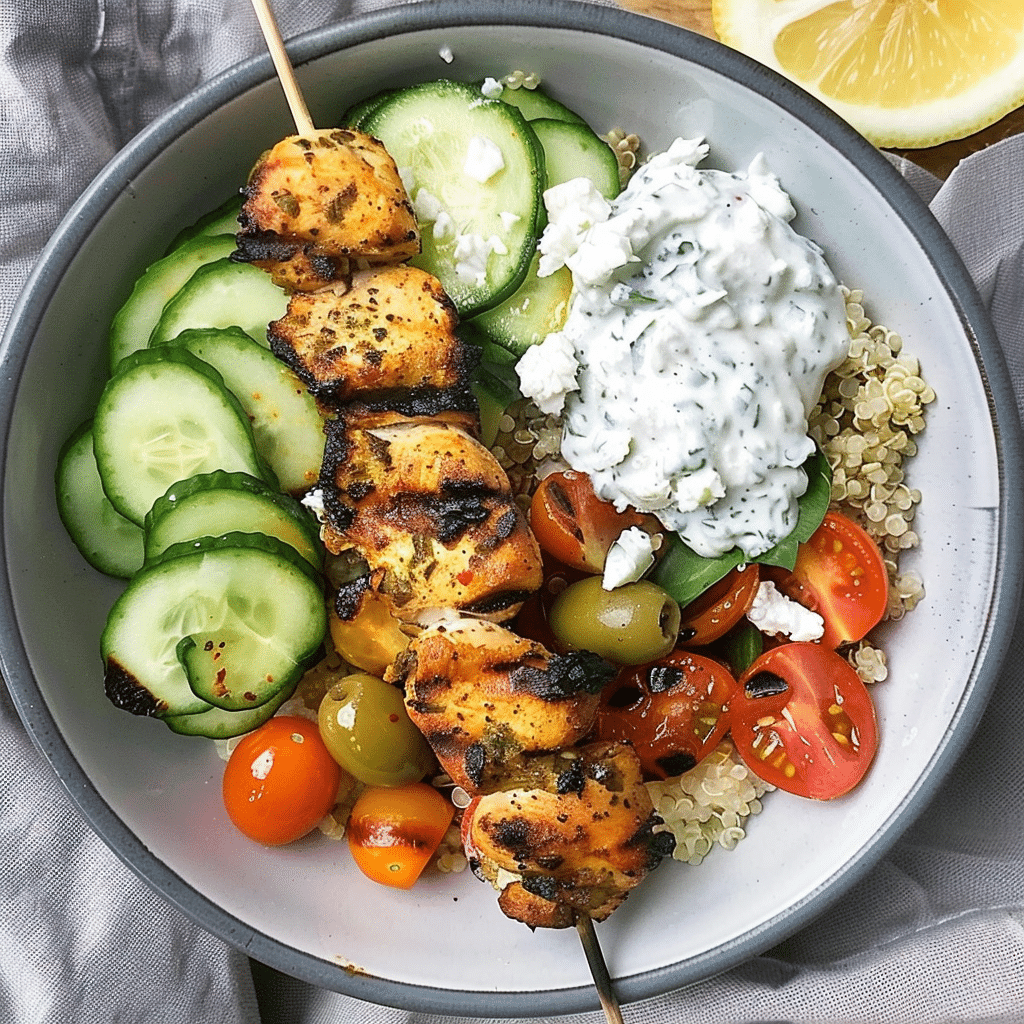 Chicken tzatziki bowl with grilled skewers, quinoa, cucumber, tomatoes, and tzatziki sauce