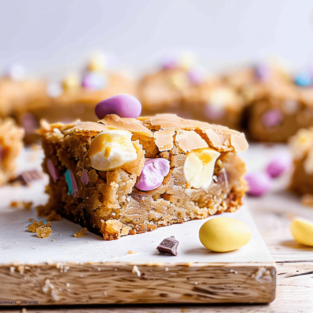Mini Egg Blondies 18 Close-up of a mini egg blondie, showing its gooey texture and colorful candy