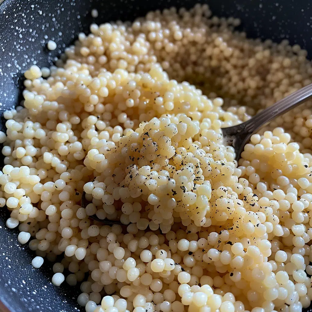 Greek meatball bowl Recipe 20 Fluffy pearl couscous being stirred in a pan with herbs