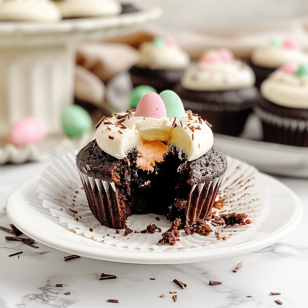 Partially eaten mini egg cupcake with creamy frosting and chocolate sprinkles on a white plate