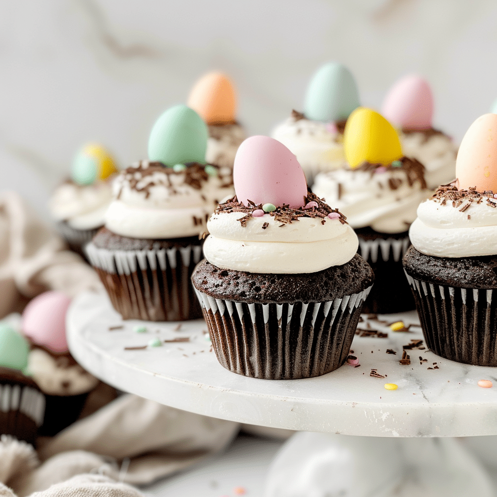 Frosted mini egg cupcakes on a cake stand, decorated with pastel eggs and sprinkles