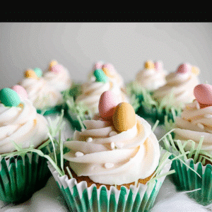Easter cupcakes topped with mini chocolate eggs and swirled vanilla frosting in green wrappers