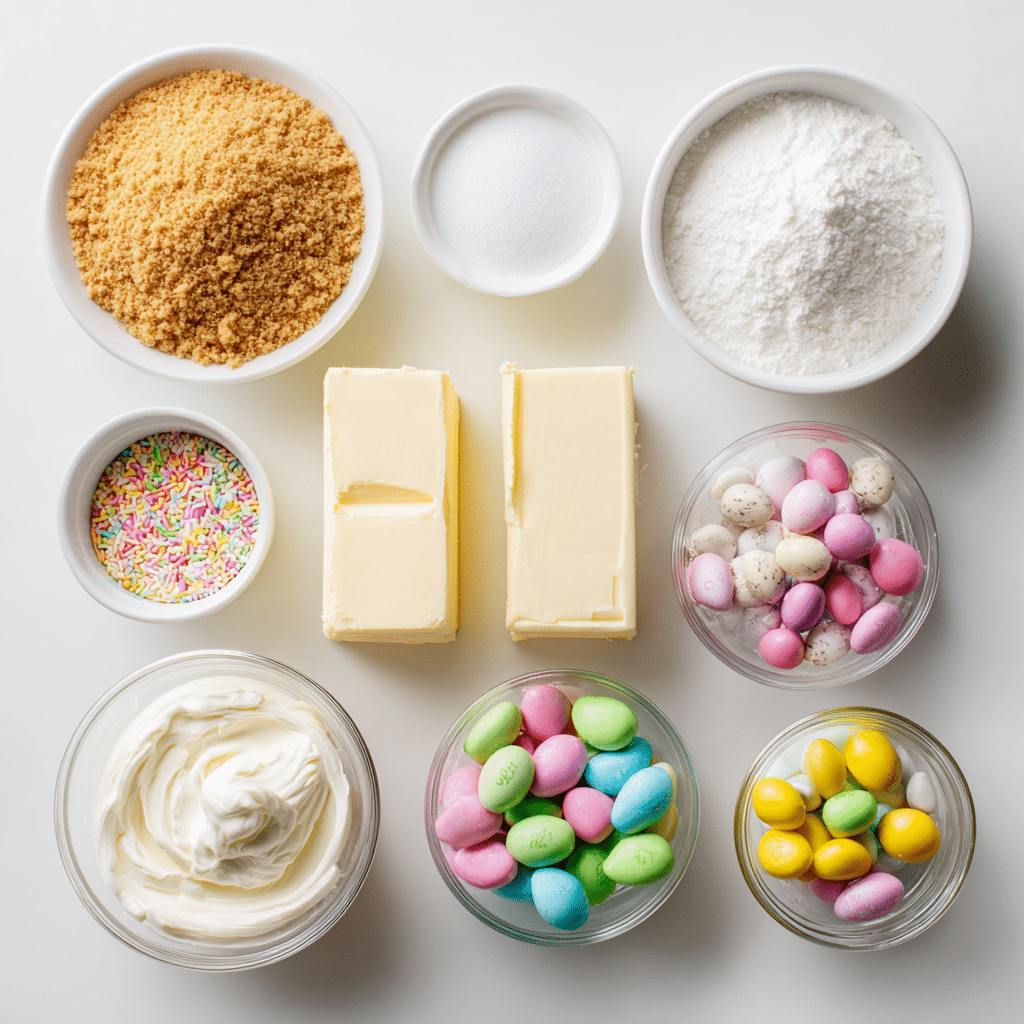 Make This Heavenly Easter No Bake Cheesecake 14 Easter No Bake Cheesecake ingredients displayed on white background