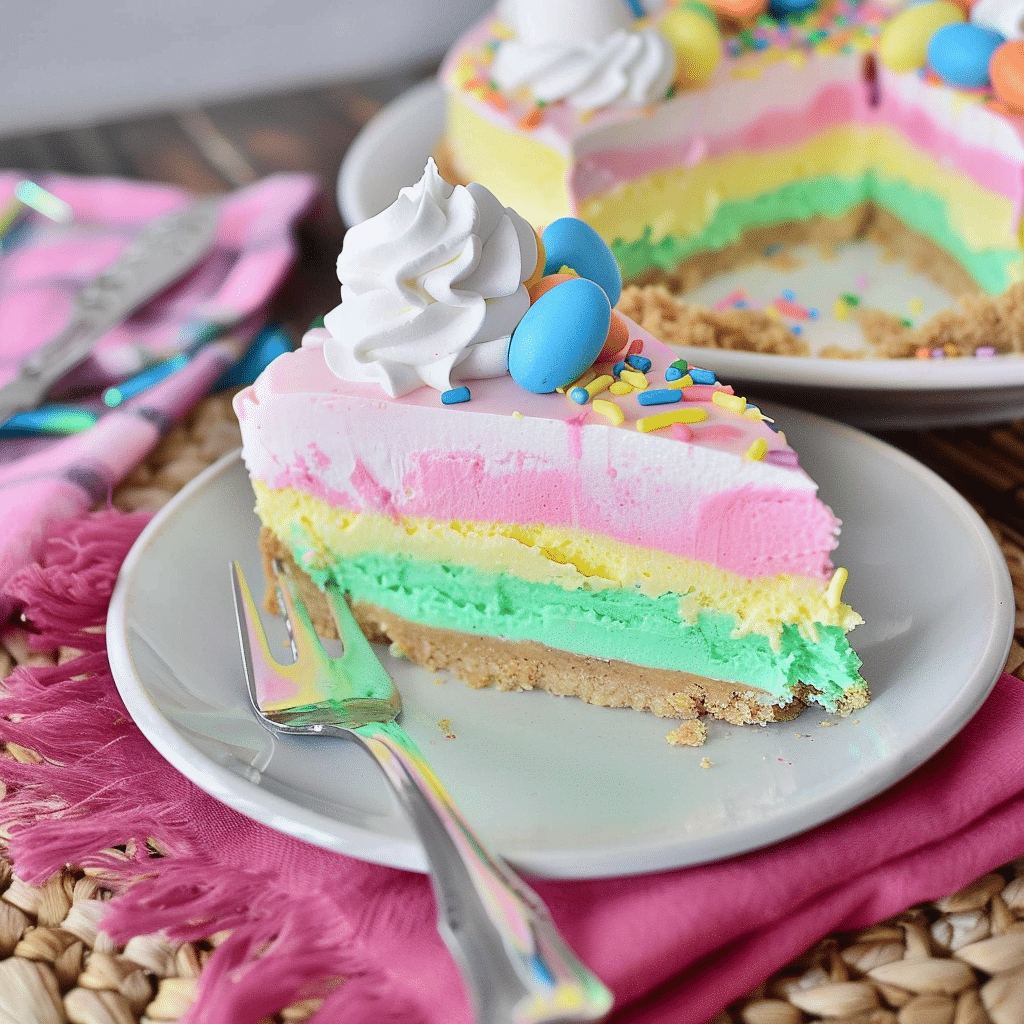 Easter No Bake Cheesecake slice on a plate with pastel layers and mini eggs
