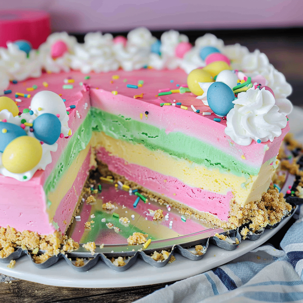 Make This Heavenly Easter No Bake Cheesecake 18 Easter No Bake Cheesecake whole with pastel layers and whipped topping