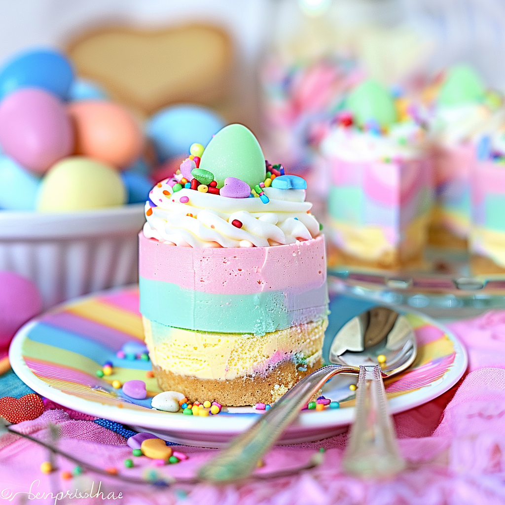 Easter No Bake Mini Cheesecakes 14 easter no bake mini cheesecakes with candy eggs on rainbow striped plate