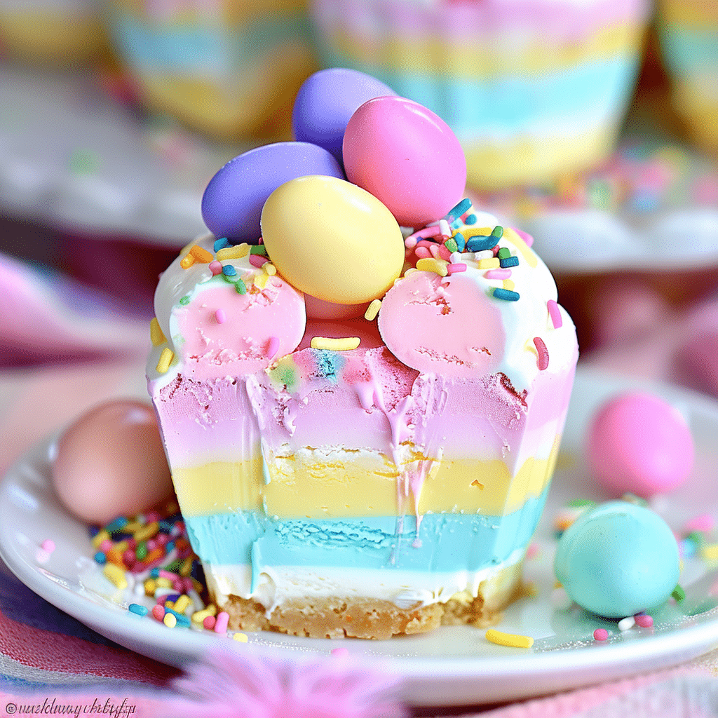 Easter No Bake Mini Cheesecakes 13 easter no bake mini cheesecakes decorated with pastel candy eggs and pink cream