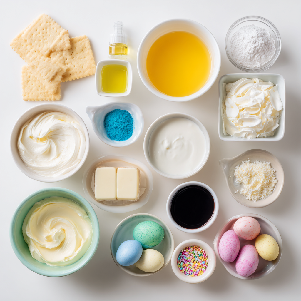 Easter No Bake Mini Cheesecakes 12 easter no bake mini cheesecakes ingredients flat lay white background