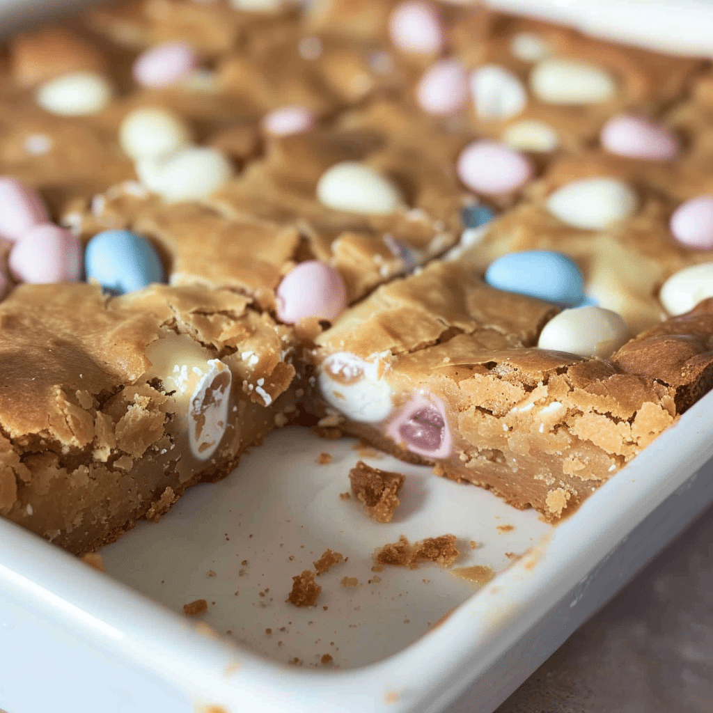 Cadbury Mini Egg Blondie Recipe 15 Freshly baked Cadbury mini egg blondies cut into squares in a baking dish