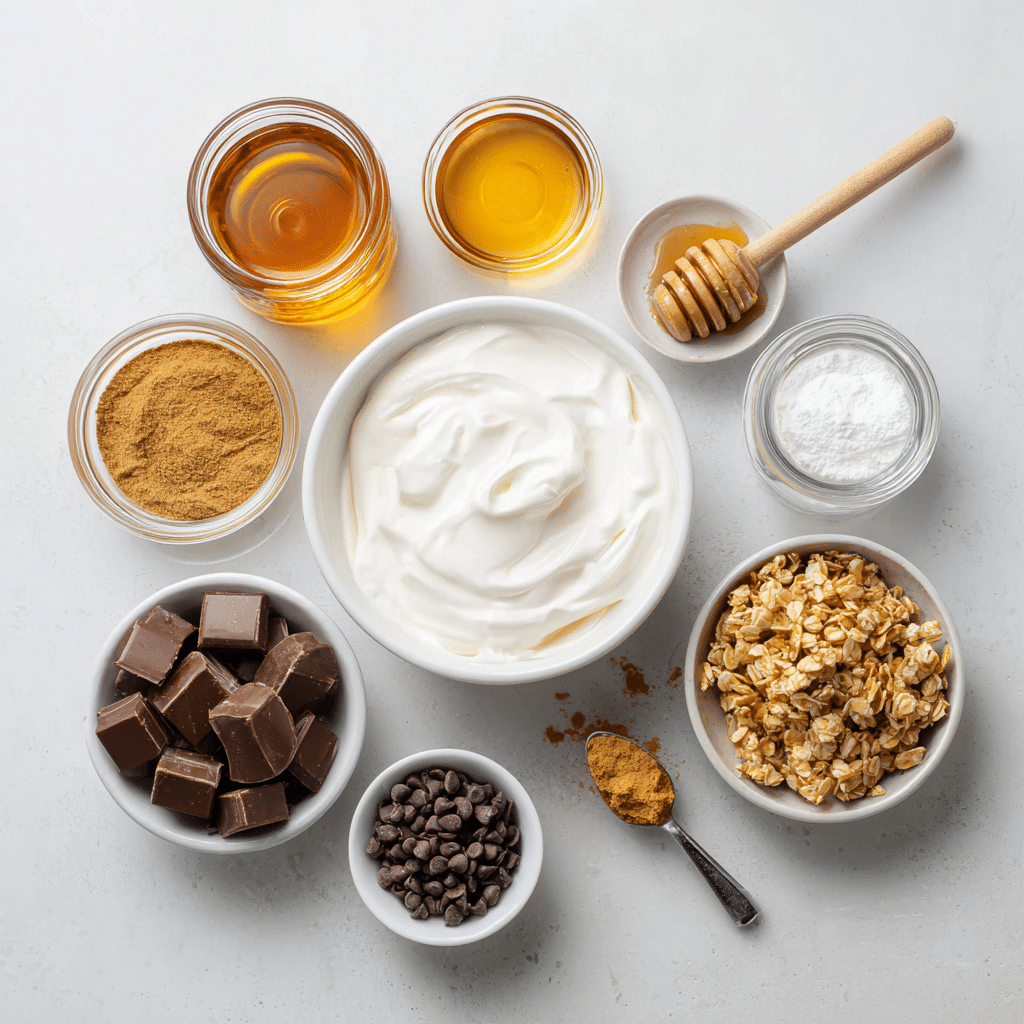 How to Make Frozen Greek Yogurt Bars 12 Frozen Greek yogurt bars ingredients displayed on a clean surface
