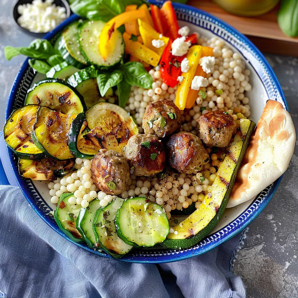 Greek meatball bowl with couscous, grilled vegetables, fresh spinach, feta, and pita bread