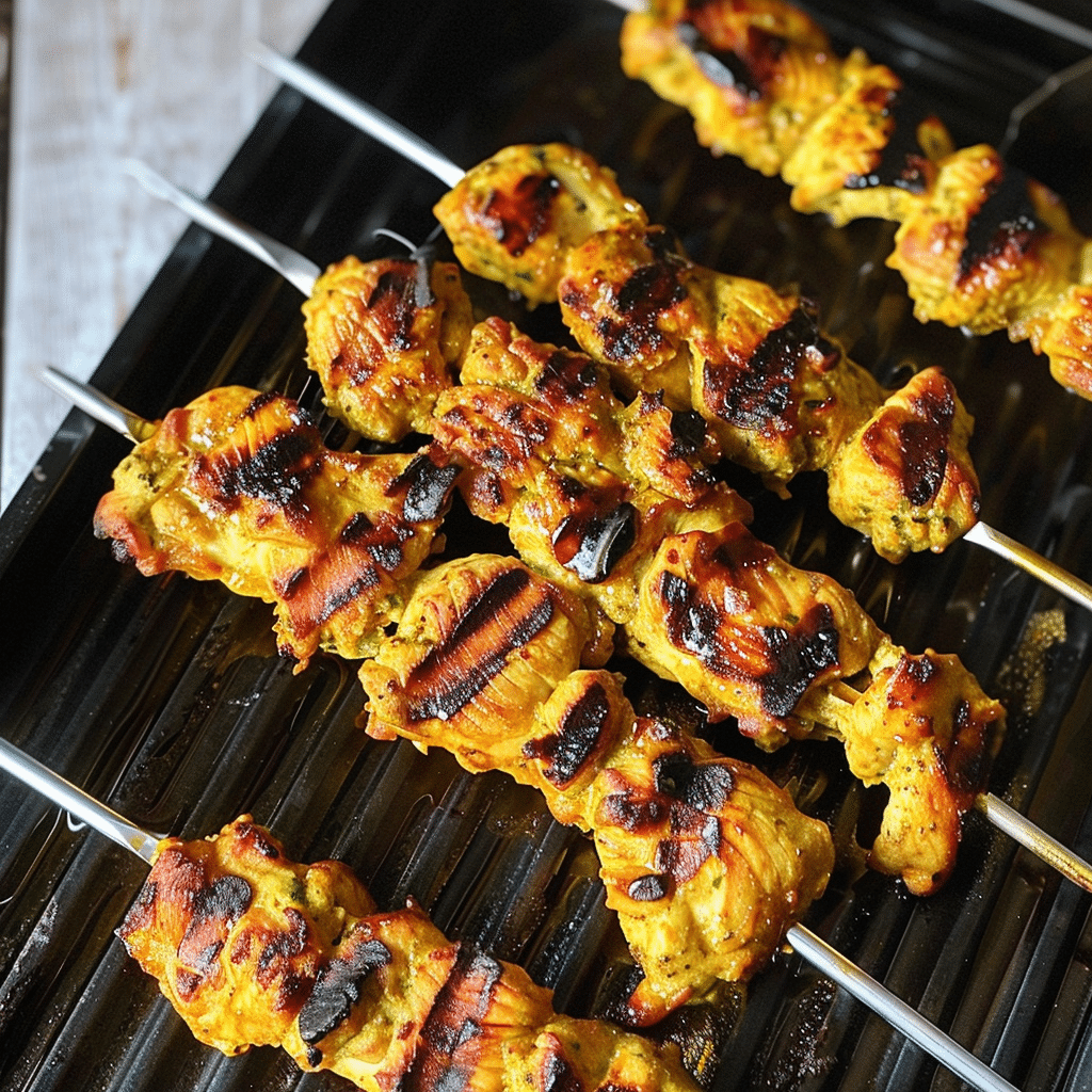 Grilled chicken skewers cooking on a grill rack