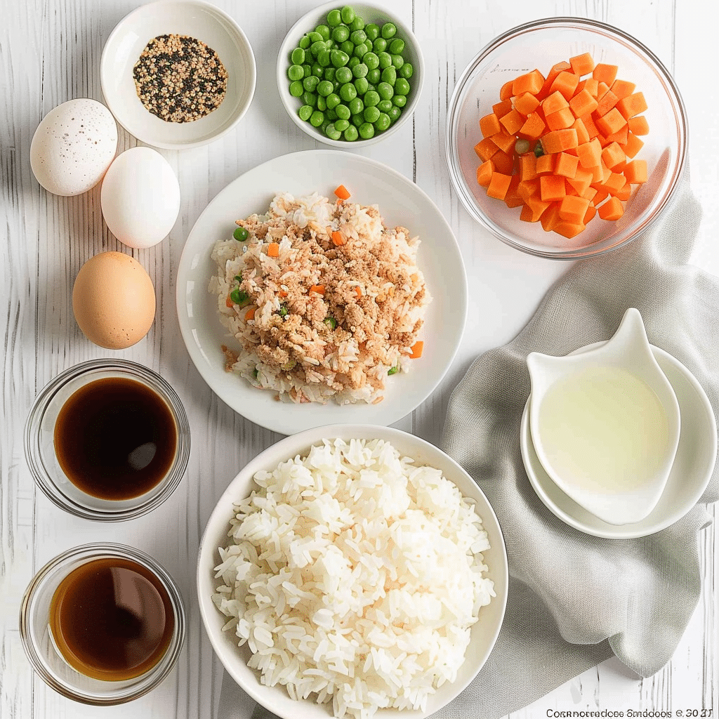Ground Chicken Fried Rice Recipe That’s Better Than Takeout 12 Ground Chicken Fried Rice Recipe ingredients laid out on a table