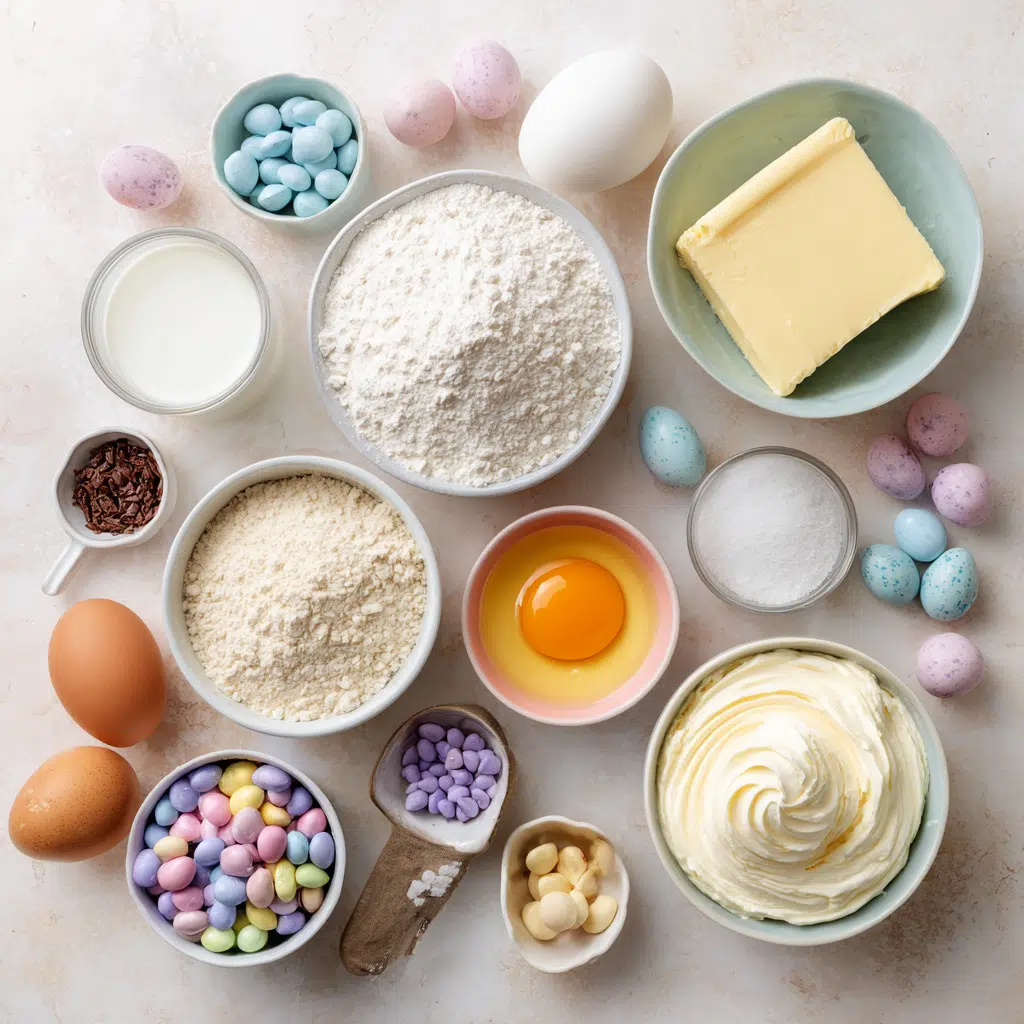 Easter Cupcakes With Mini Eggs 12 Ingredients for Easter cupcakes including flour, butter, eggs, sugar, and mini chocolate eggs in bowls