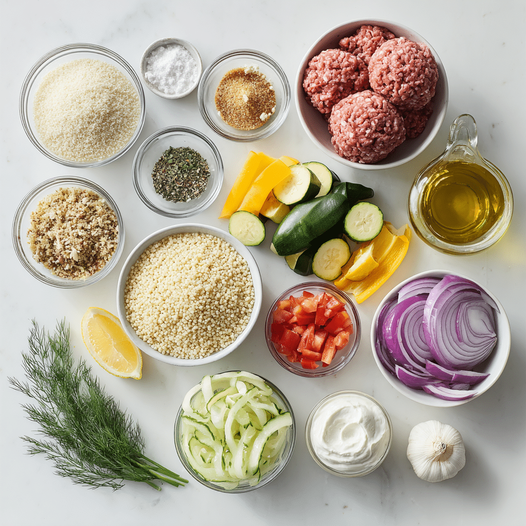 Ingredients for Greek meatball bowls including ground meat, couscous, fresh veggies, yogurt, and spices
