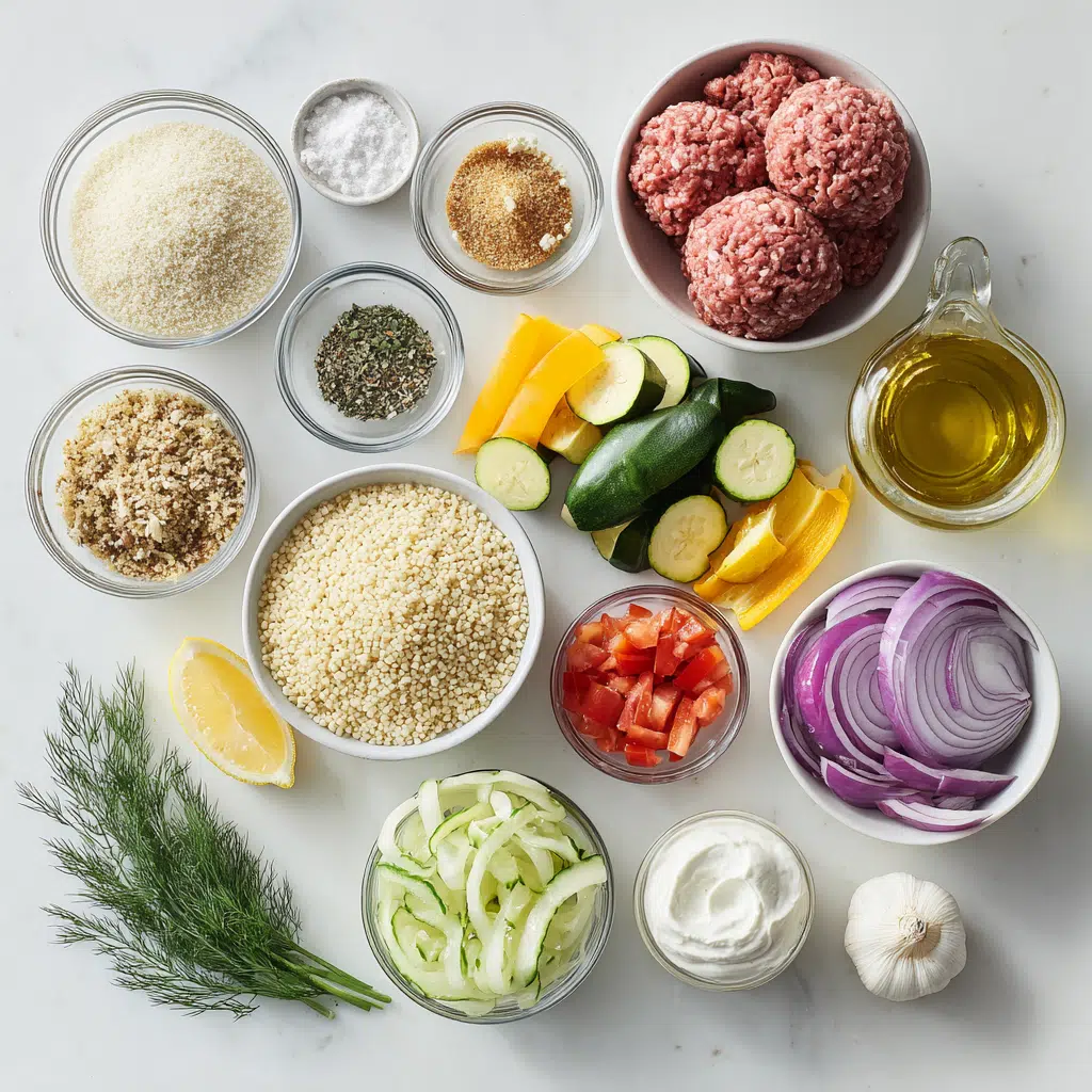 Greek meatball bowl Recipe 16 Ingredients for Greek meatball bowls including ground meat, couscous, fresh veggies, yogurt, and spices