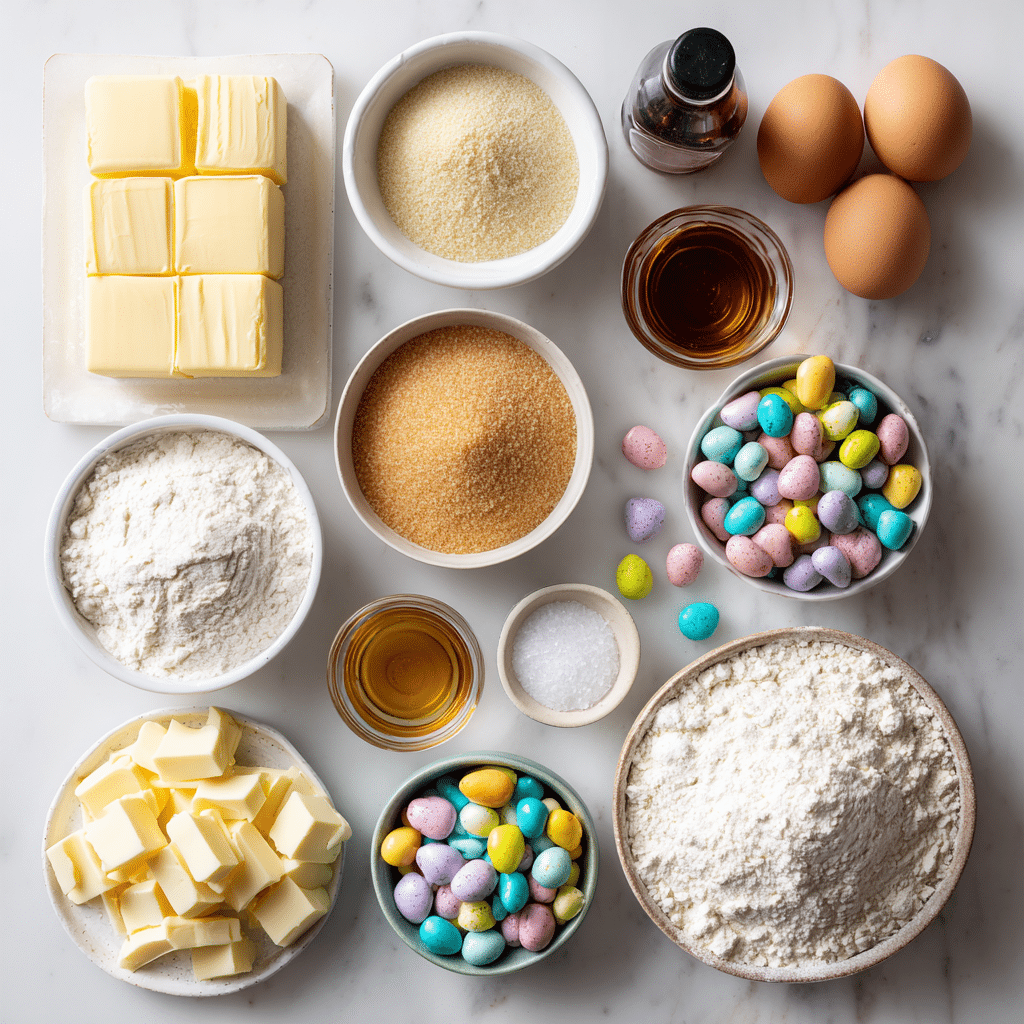 Mini Egg Blondies 14 Ingredients for mini egg blondies including flour, sugar, butter, eggs, and mini chocolate eggs