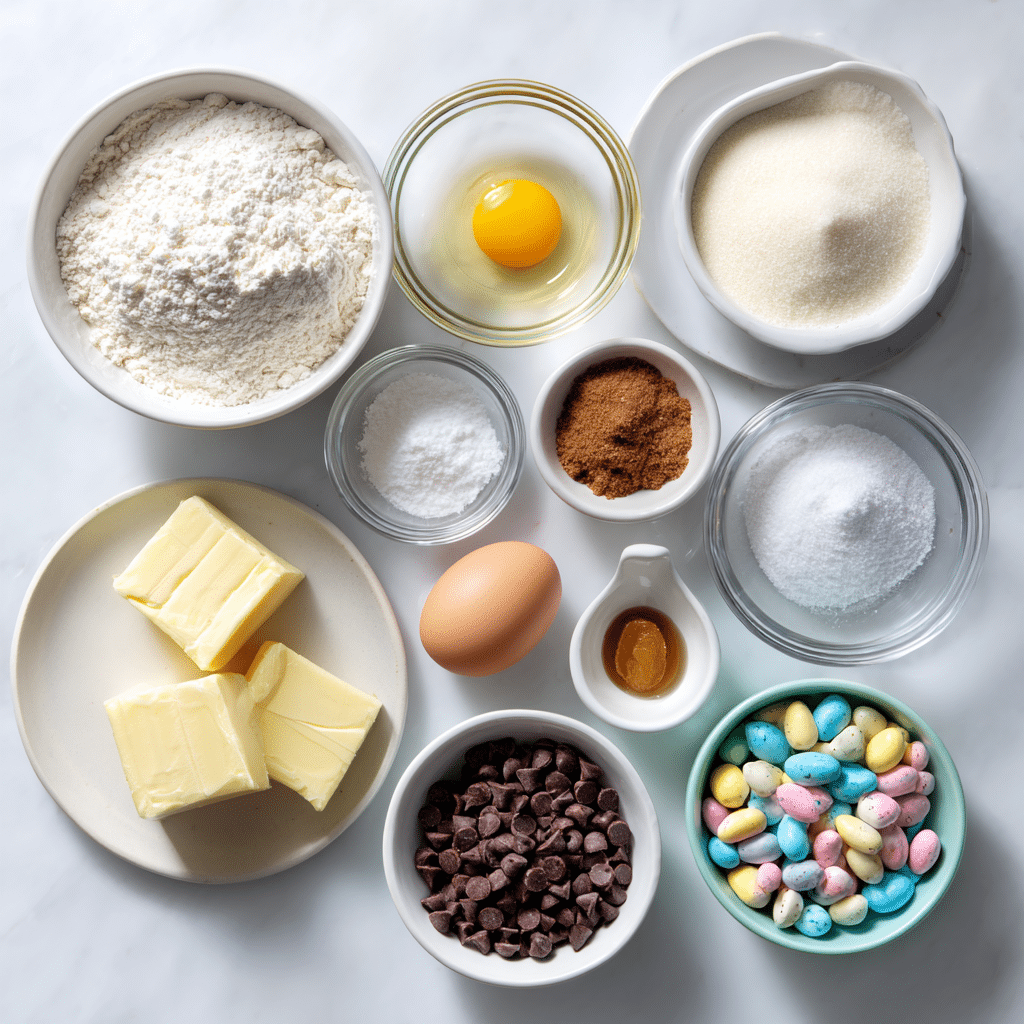 Ultimate Mini Cadbury Eggs Cookies for Your Easter Spread 12 mini Cadbury eggs cookies ingredients arranged in small bowls