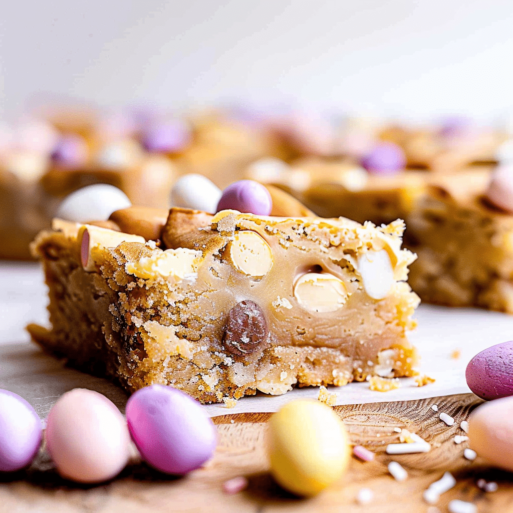Mini Egg Blondies 17 Blondie square with mini eggs on parchment, surrounded by more Easter candy
