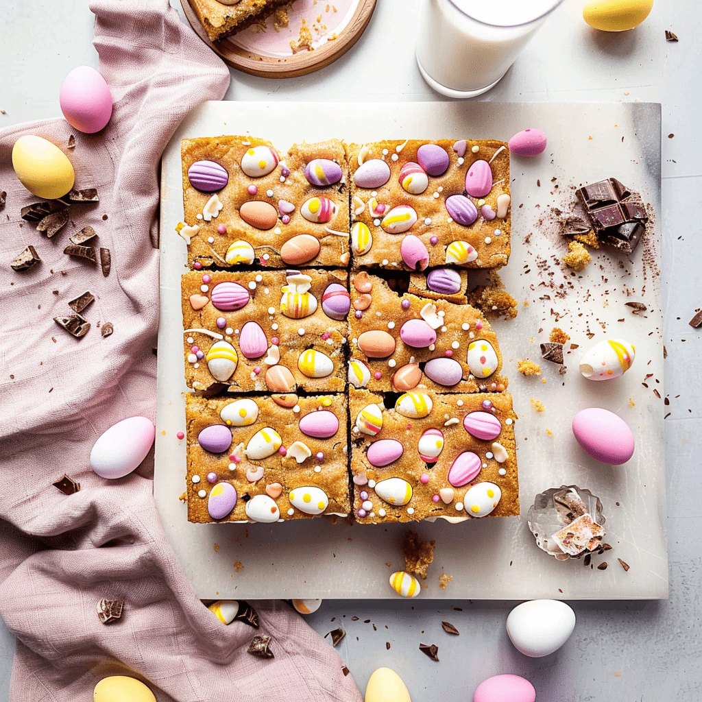 Mini Egg Blondies 16 Freshly baked mini egg blondies cut into squares on a tray