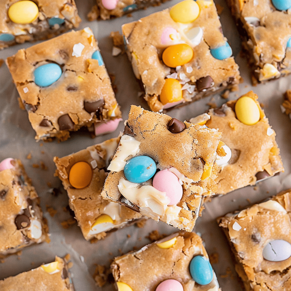Mini Egg Cheesecake Cookie Bars close up of texture