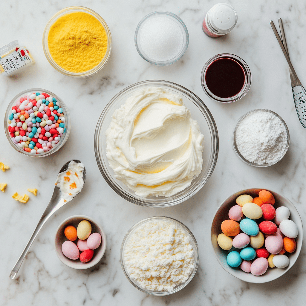 Mini Egg Cheesecake Cookie Bars 12 Mini Egg Cheesecake Cookie Bars ingredients flat lay clean background