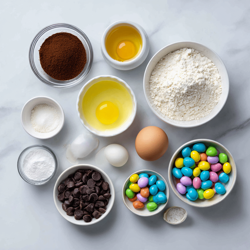 Irresistible Mini Egg Chocolate Chip Cookies Now 12 Mini egg chocolate chip cookies ingredients laid out on clean marble background