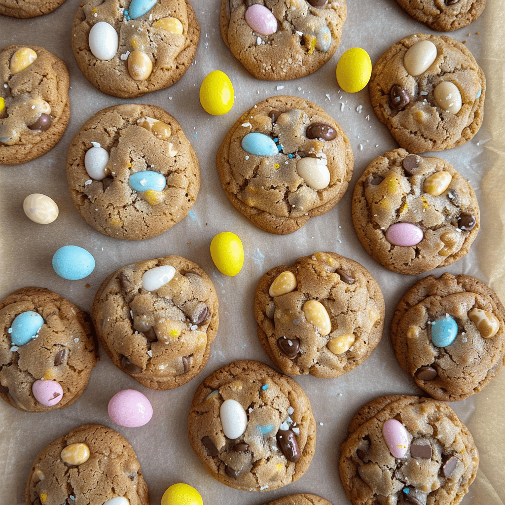 Irresistible Mini Egg Chocolate Chip Cookies Now 15 Mini egg chocolate chip cookies on a white plate with pastel candy shells