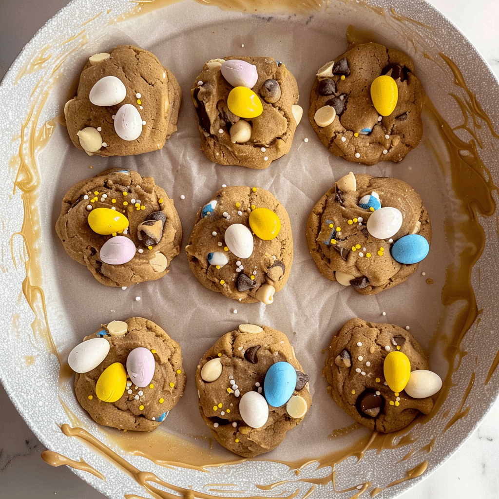 Irresistible Mini Egg Chocolate Chip Cookies Now 13 Mini egg chocolate chip cookies dough scooped on a baking tray before oven