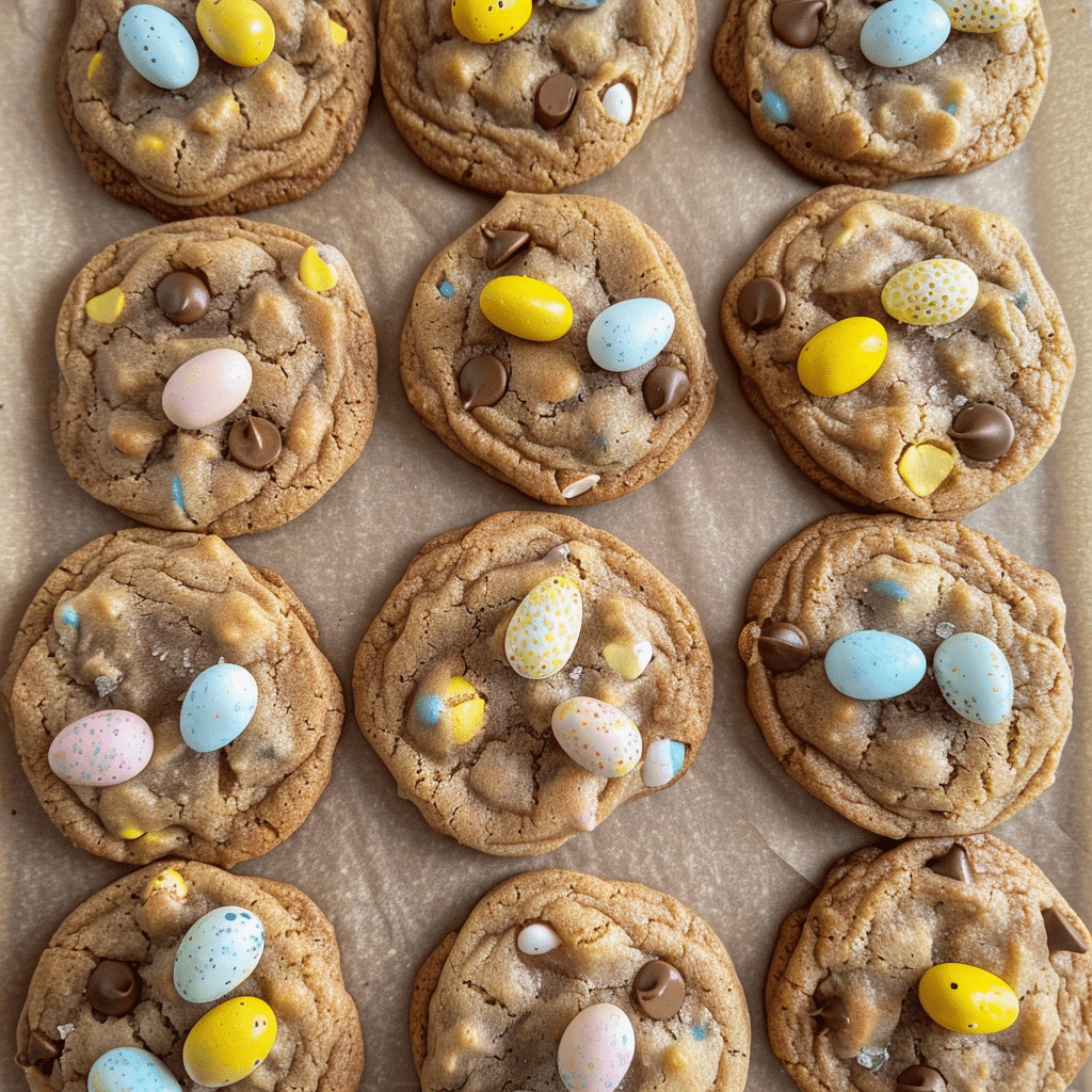 Irresistible Mini Egg Chocolate Chip Cookies Now 14 Mini egg chocolate chip cookies arranged on a wooden tray for sharing
