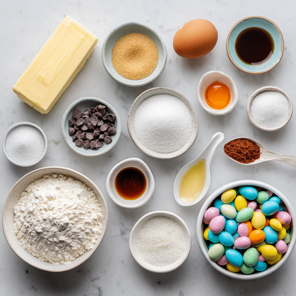 Easy Mini Egg Cookie Bars for a Festive Treat 12 mini egg cookie bars ingredients flatlay