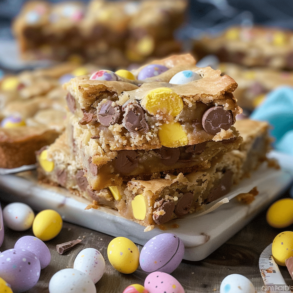 Easy Mini Egg Cookie Bars for a Festive Treat 15 mini egg cookie bars stacked on a white plate