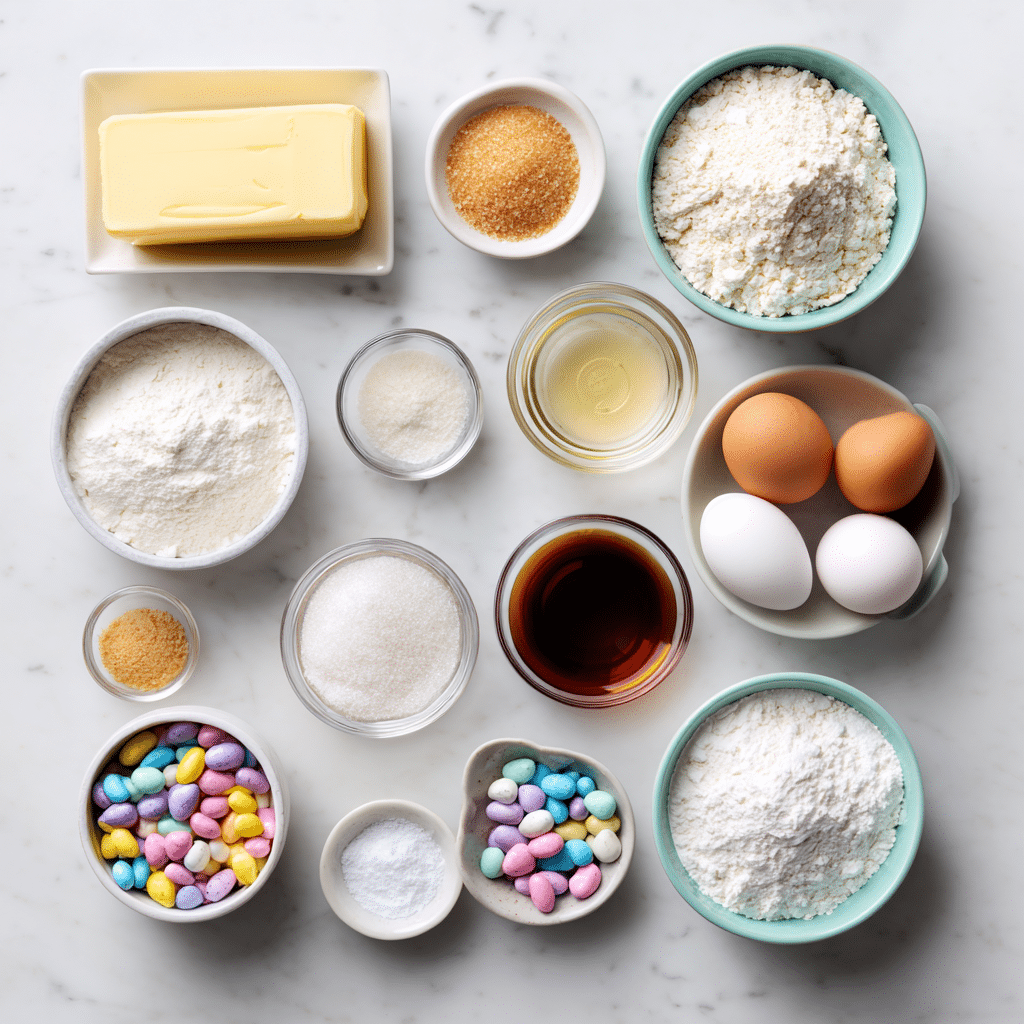 Mini egg cookies recipe 12 mini egg cookies ingredients laid out on a white countertop