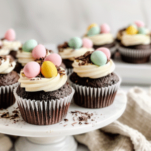 Chocolate mini egg cupcakes on a white cake stand, topped with pastel candy eggs and sprinkles