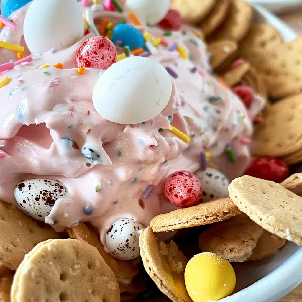 mini eggs cheesecake dip served with cookies pretzels and fruit for dipping