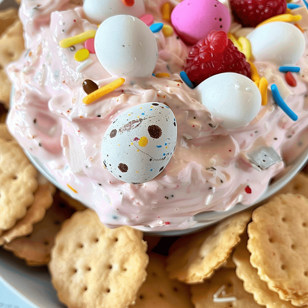Mini Eggs Cheesecake Dip : Easy Easter Treat 15 mini eggs cheesecake dip in a pastel themed Easter tablescape