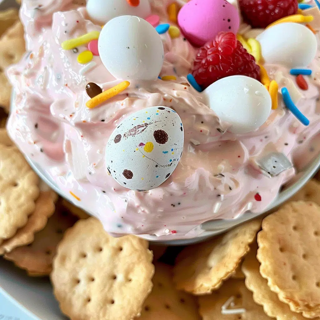 mini eggs cheesecake dip in a pastel themed Easter tablescape