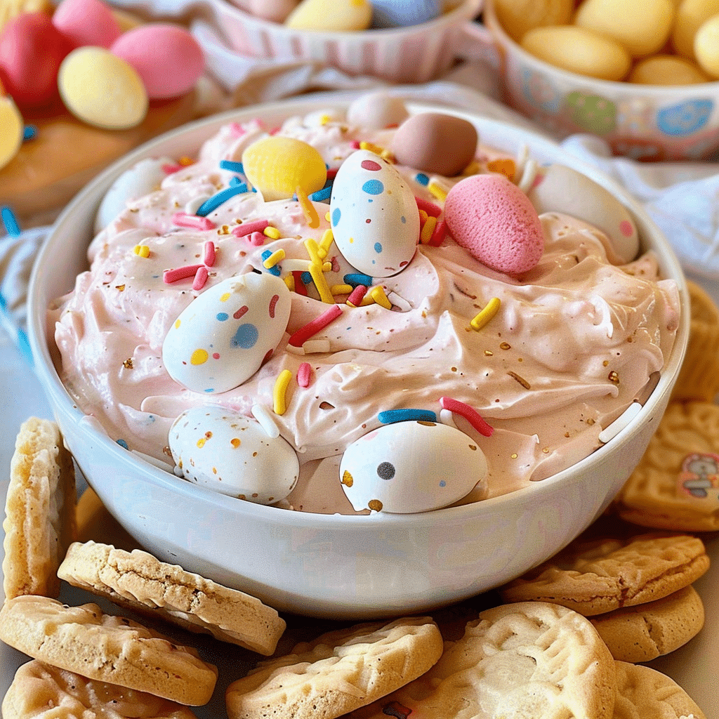 mini eggs cheesecake dip served in a glass bowl topped with crushed mini eggs