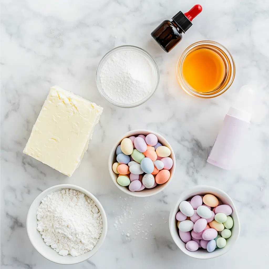 mini eggs cheesecake dip ingredients cream cheese powdered sugar Cool Whip and crushed mini eggs on white surface
