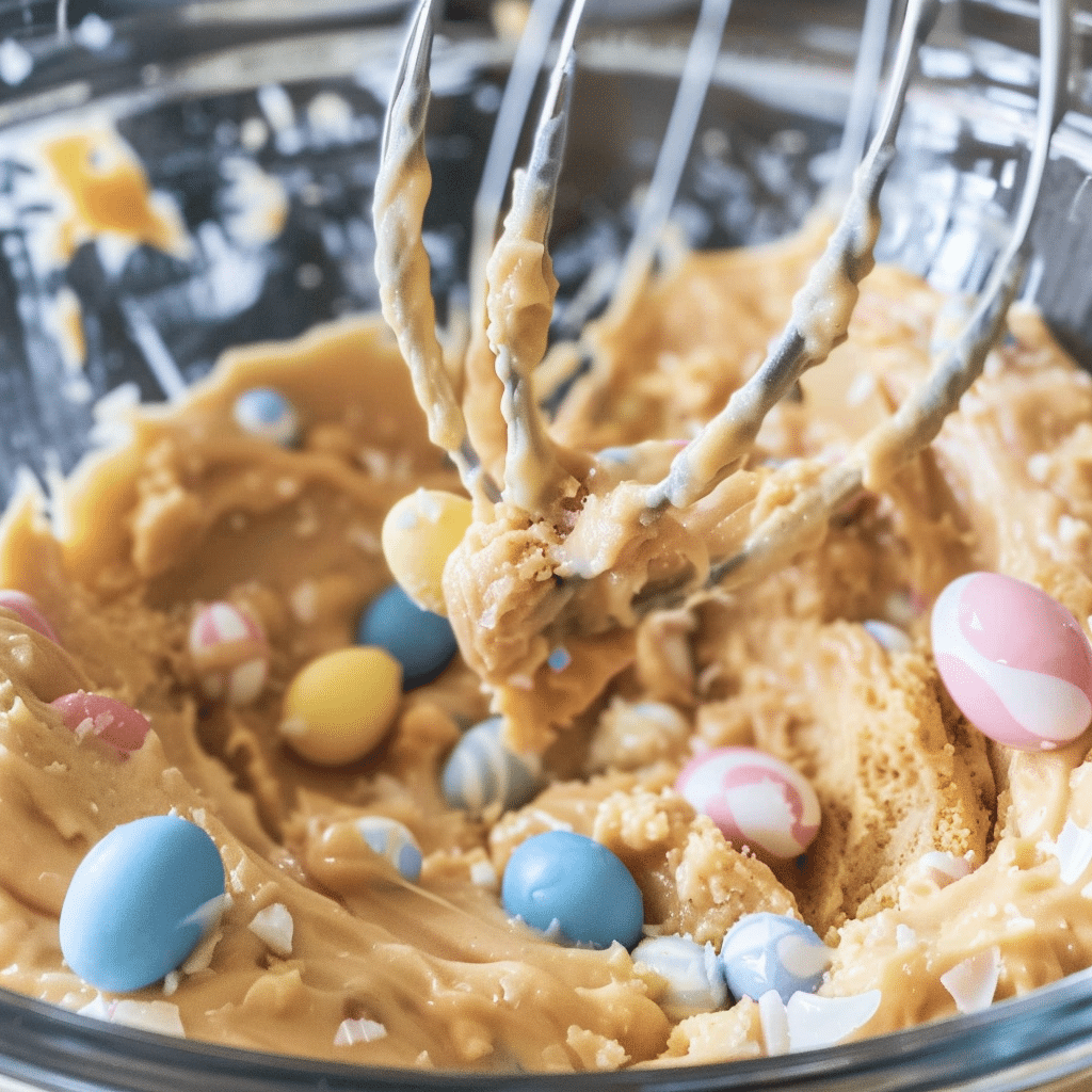 Cadbury Mini Egg Blondie Recipe 14 Mixing Cadbury mini eggs into blondie batter with a hand mixer