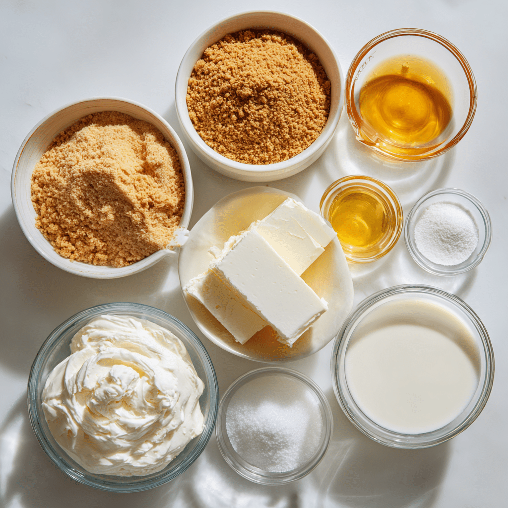 Dreamy No Bake Cheesecake Mini Desserts Now 14 no bake cheesecake mini desserts ingredients flat lay with bowls of cream cheese, butter, graham crumbs, cream, sugar, and lemon juice