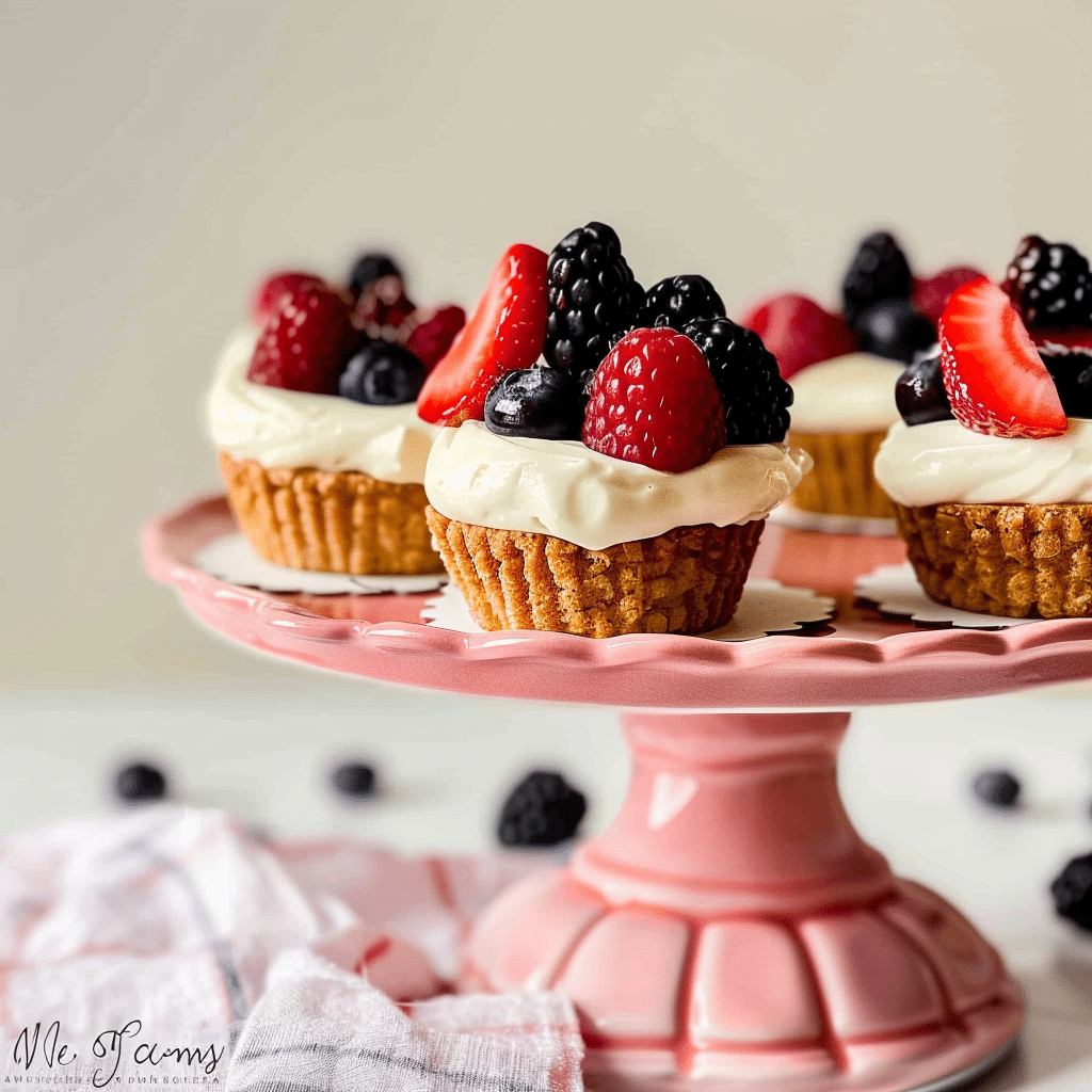 Dreamy No Bake Cheesecake Mini Desserts Now 18 no bake cheesecake mini desserts topped with fresh berries on a pink cake stand