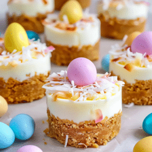 PHILADELPHIA Easter Mini Cheesecakes displayed on Easter table with coconut nests and pastel eggs