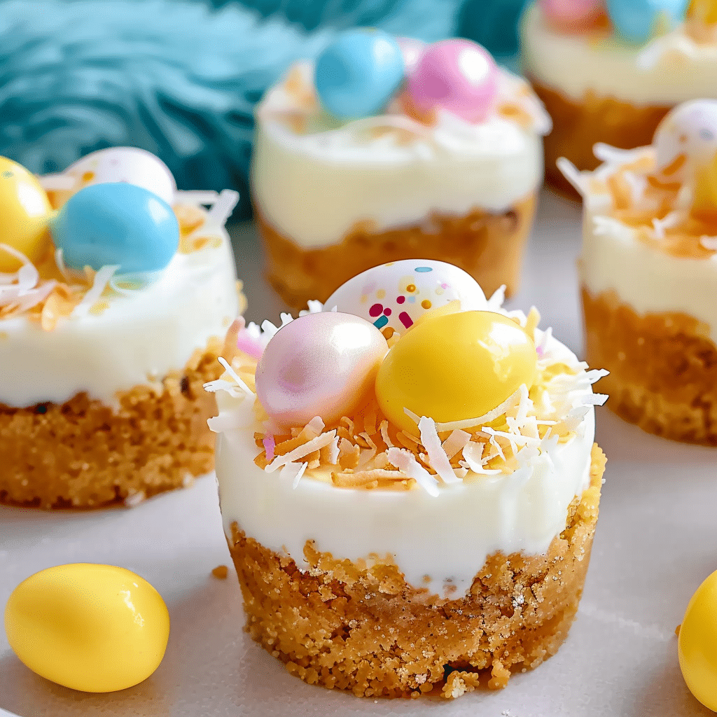 PHILADELPHIA Easter Mini Cheesecakes topped with toasted coconut and chocolate eggs